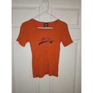 Vintage Harley Davidson Orange Top Ribbed 100% Cotton Womens M Medium Y2K USA